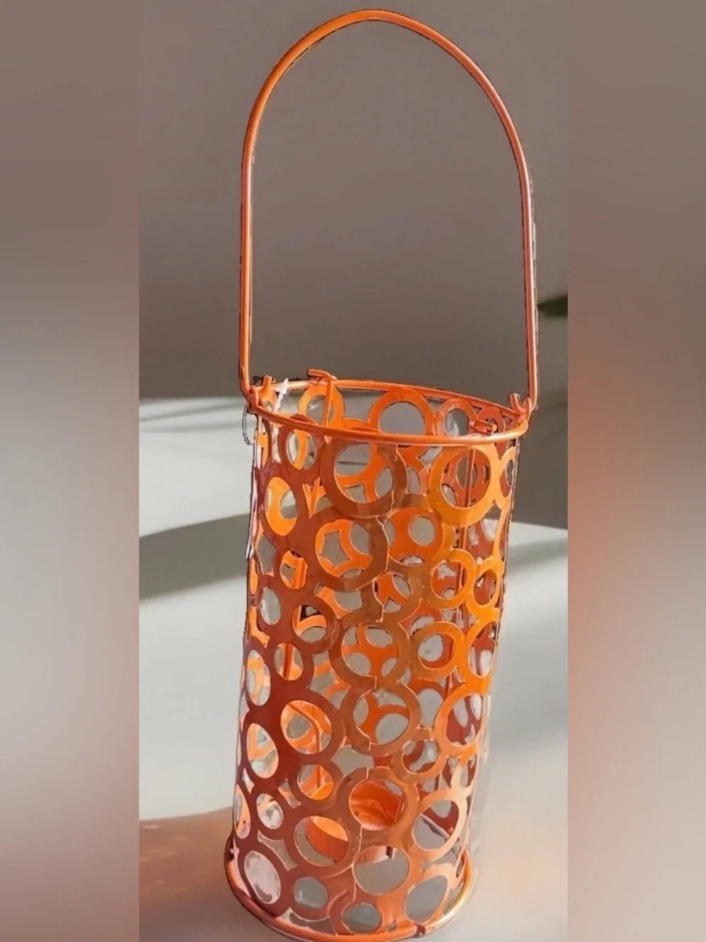 Orange Hanging Tealight Holder Metal Lantern Circle Cutout Boho Decor